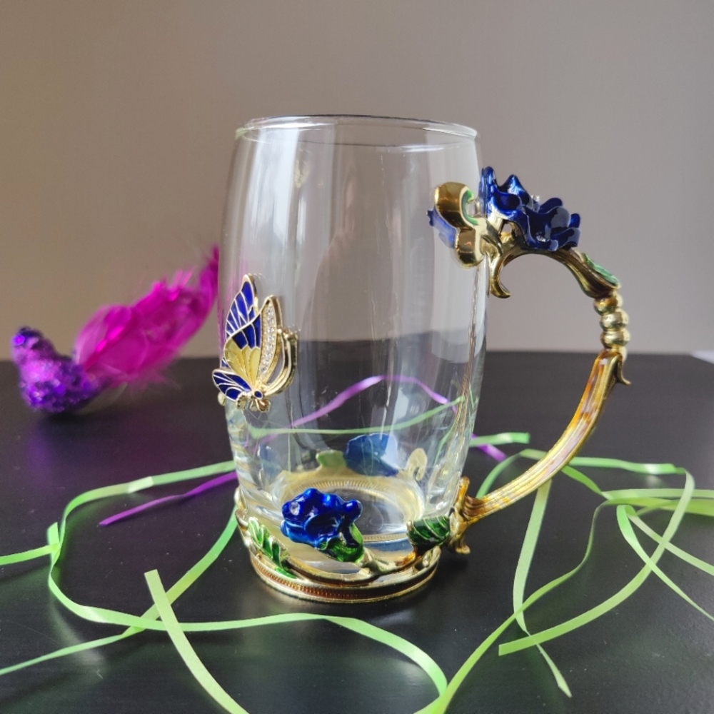 Pougine Glass 12 oz mug | decorative enamelware | 🦋 butterfly & blue rose 🌹💙